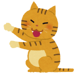 「あの人だれ？ニャーと笑顔で言っている猫のイラスト