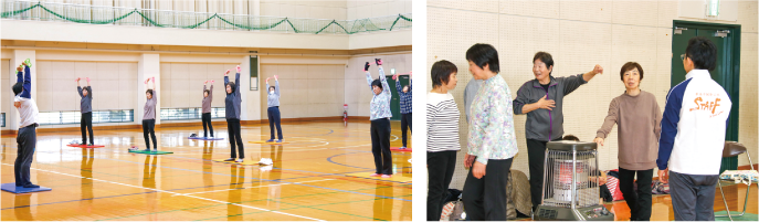 いきいき健康教室で参加者が両手をうえに上げて体操をしている写真
・いきいき健康教室の休憩中にストーブの前で談笑している参加者と指導者中村さんの写真